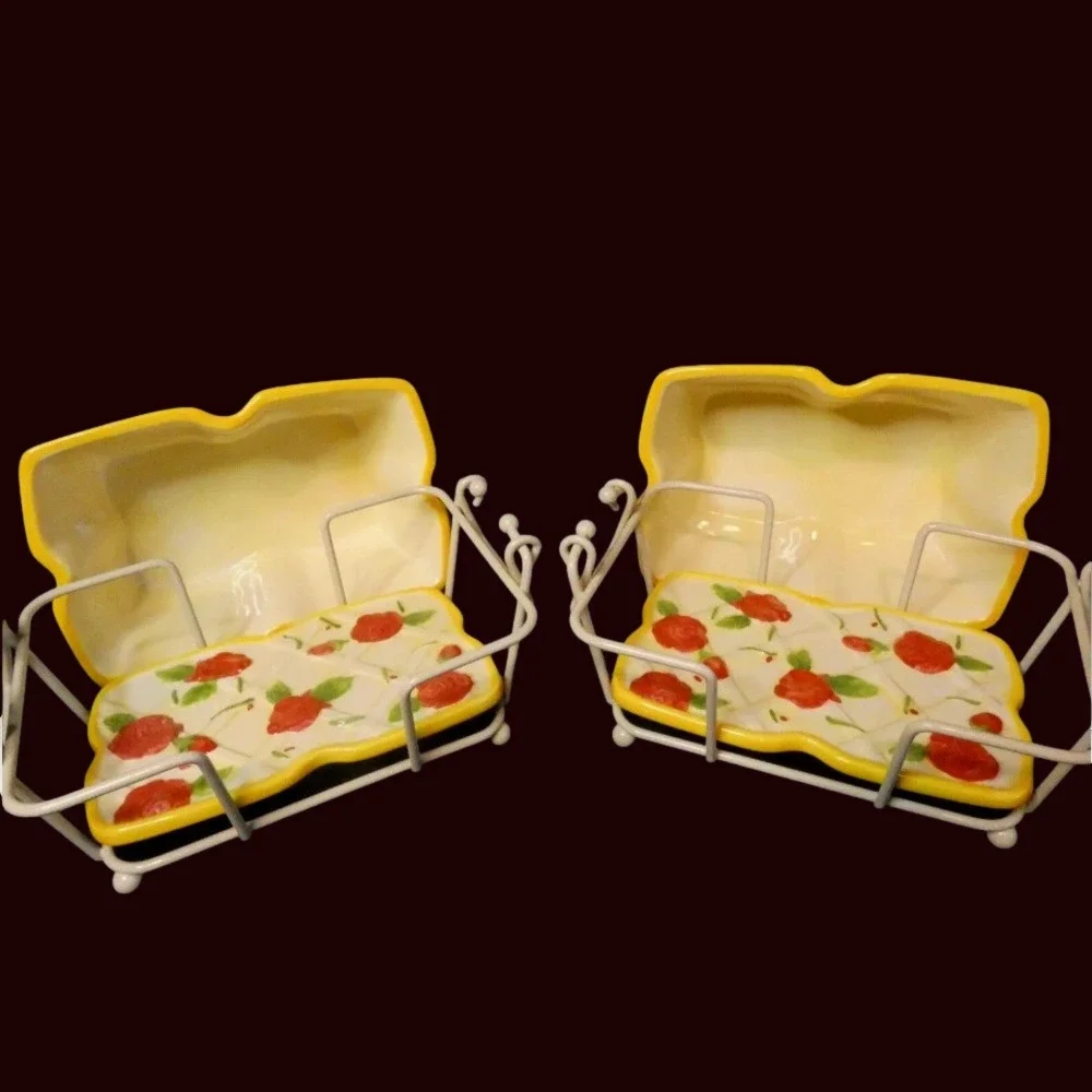 Yellow Old World Rose 8 Pc Set 2 Ceramic 1 QT Plates Lids Baskets